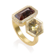 Todd Reed ring with Fancy cut diamonds (6.21ct) and white brilliant cut diamonds (0.14ct) in 18k yellow gold.